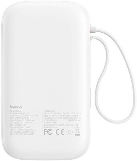 Powerbank Baseus QPow 2 10000mAh 30W z 2 wbudowanymi kablami USB-C - biały Powerbank Baseus QPow 2 10000mAh 30W z 2 wbudowanymi kablami USB-C - biały