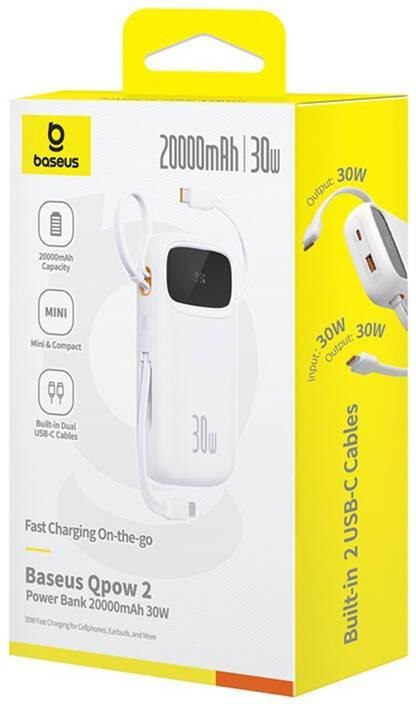 Powerbank Baseus QPow 2 10000mAh 30W z 2 wbudowanymi kablami USB-C - biały Powerbank Baseus QPow 2 10000mAh 30W z 2 wbudowanymi kablami USB-C - biały