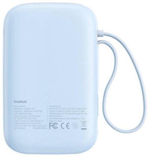 Powerbank Baseus QPow 2 10000mAh 30W z 2 wbudowanymi kablami USB-C - niebieski Powerbank Baseus QPow 2 10000mAh 30W z 2 wbudowanymi kablami USB-C - niebieski