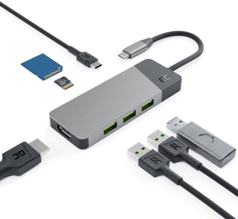 Hub USB 7w1 Green Cell Connect 3x USB-A 3.1 HDMI 4K 60Hz 1x USB-C PD 85W Hub USB 7w1 Green Cell Connect 3x USB-A 3.1 HDMI 4K 60Hz 1x USB-C PD 85W