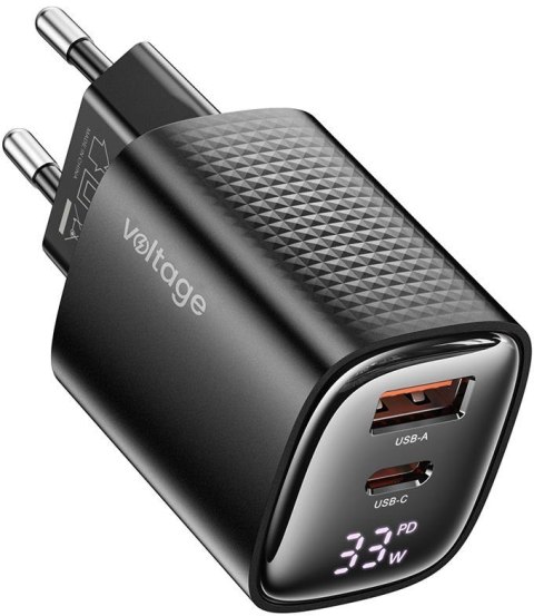 Ładowarka sieciowa Voltage GaN Charger Mini 33W PD 3.0 QC 3.0 USB-A USB-C Digital Display czarna