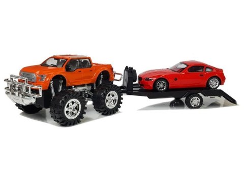 Zestaw Pojazdów Pomarańczowy Monster Truck Czerwone BMW Laweta 58 cm Zestaw Pojazdów Pomarańczowy Monster Truck Czerwone BMW Laweta 58 cm