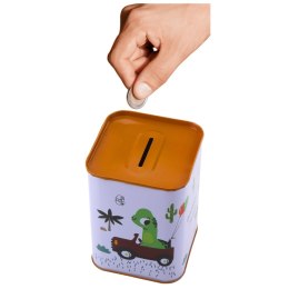 Skarbonka Dinozaur W Samochodzie Nauka Oszczędzania Metalowa Biała 11x8cm