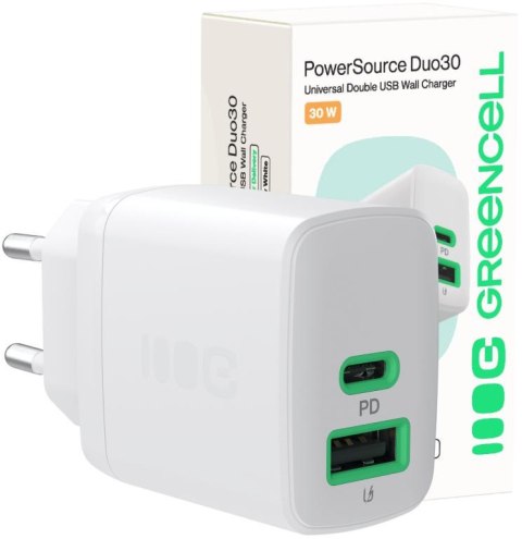 ŁADOWARKA SIECIOWA Greencell PowerSource Duo30 30W 1xUSB-C 1xUSB-A PD 3.0 QC 4.0+ biała ŁADOWARKA SIECIOWA Greencell PowerSource Duo30 30W 1xUSB-C 1xUSB-A PD 3.0 QC 4.0+ biała